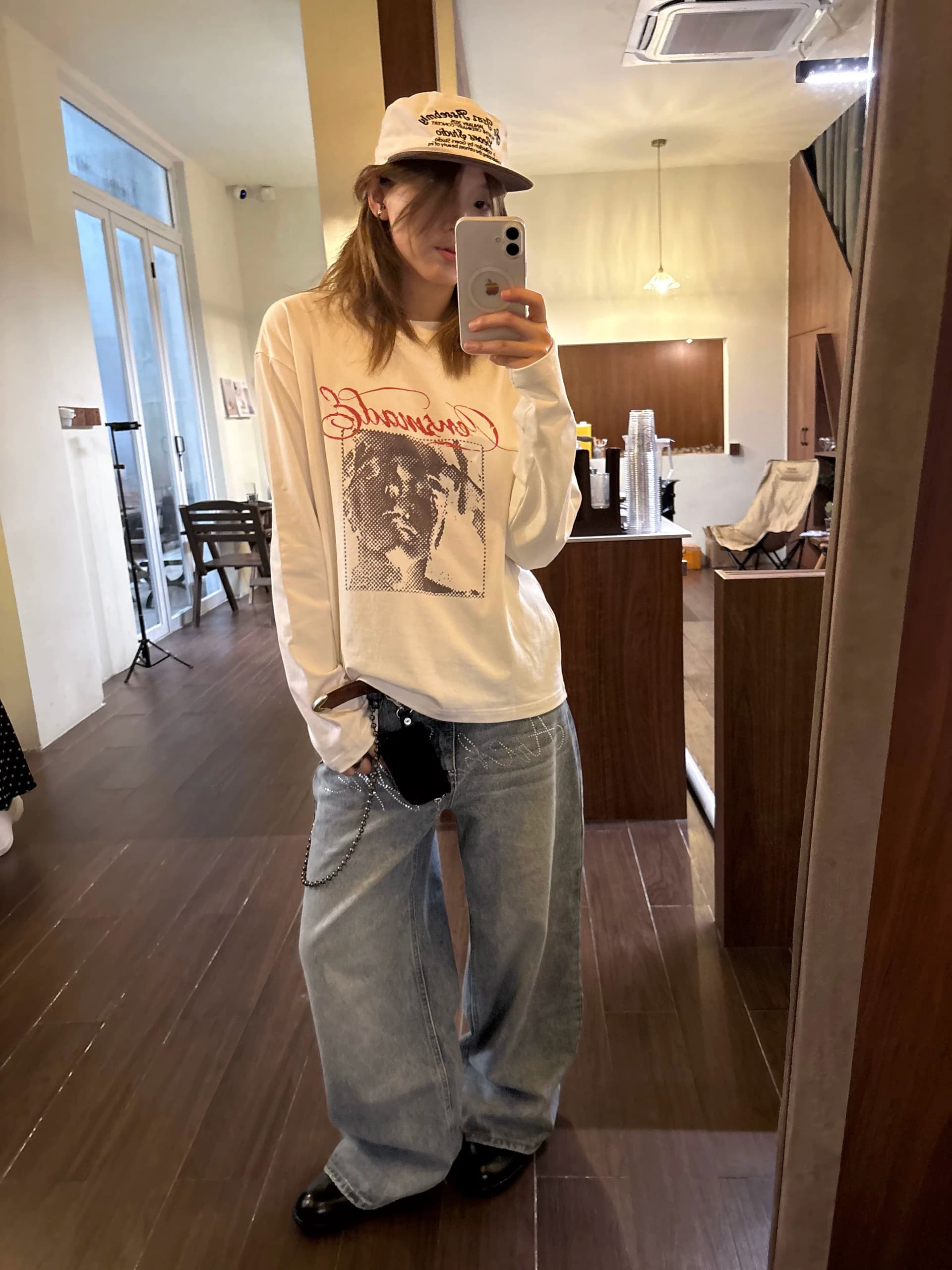 아메리칸 레트로 명상 프린트 boxy 짧은 와이드 순면 긴팔 후드티 티셔츠 vintage 이미지 3