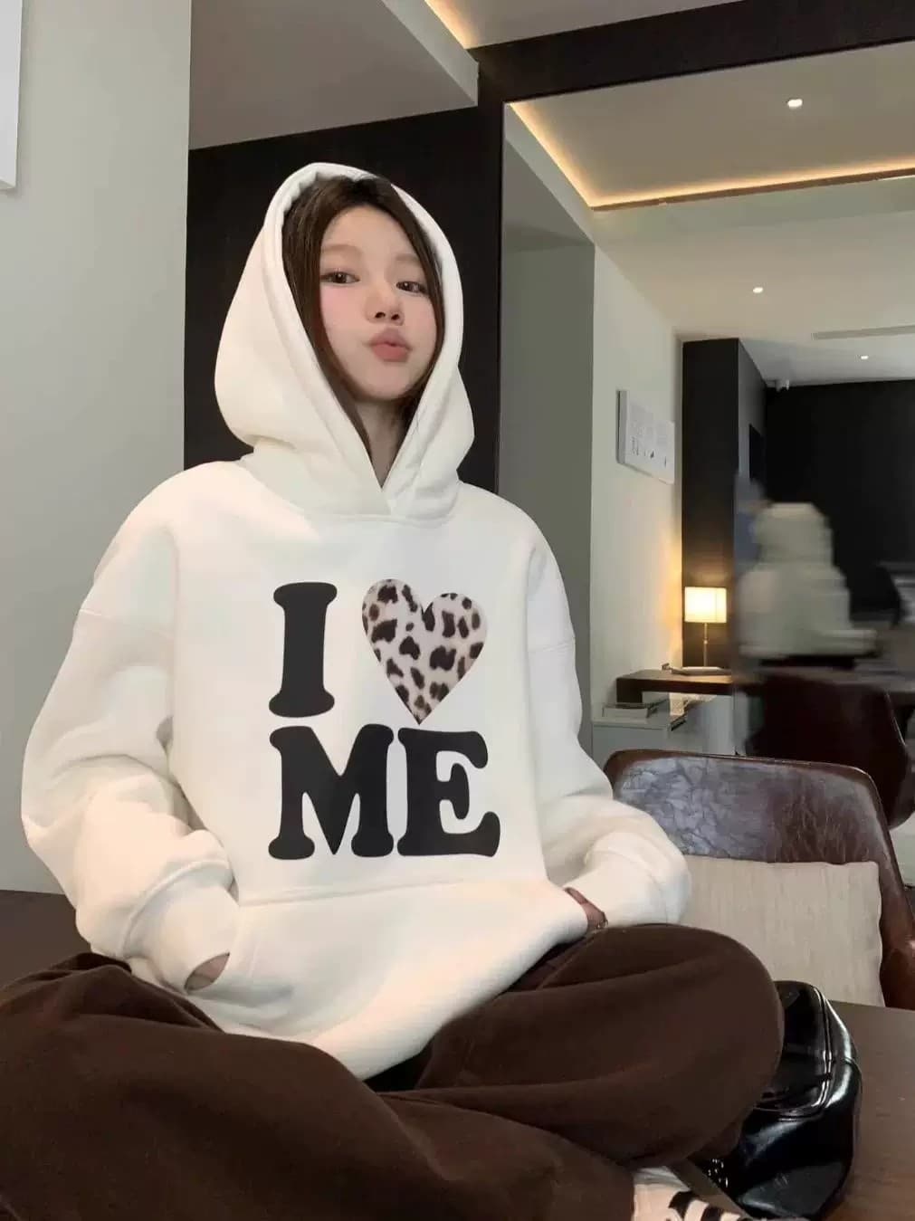 무거운 순면 후드 티 스웨터 여성 털이 있고 두꺼운 겨울 새로운 루즈핏 느긋한 후드 셔츠 상세 이미지 1
