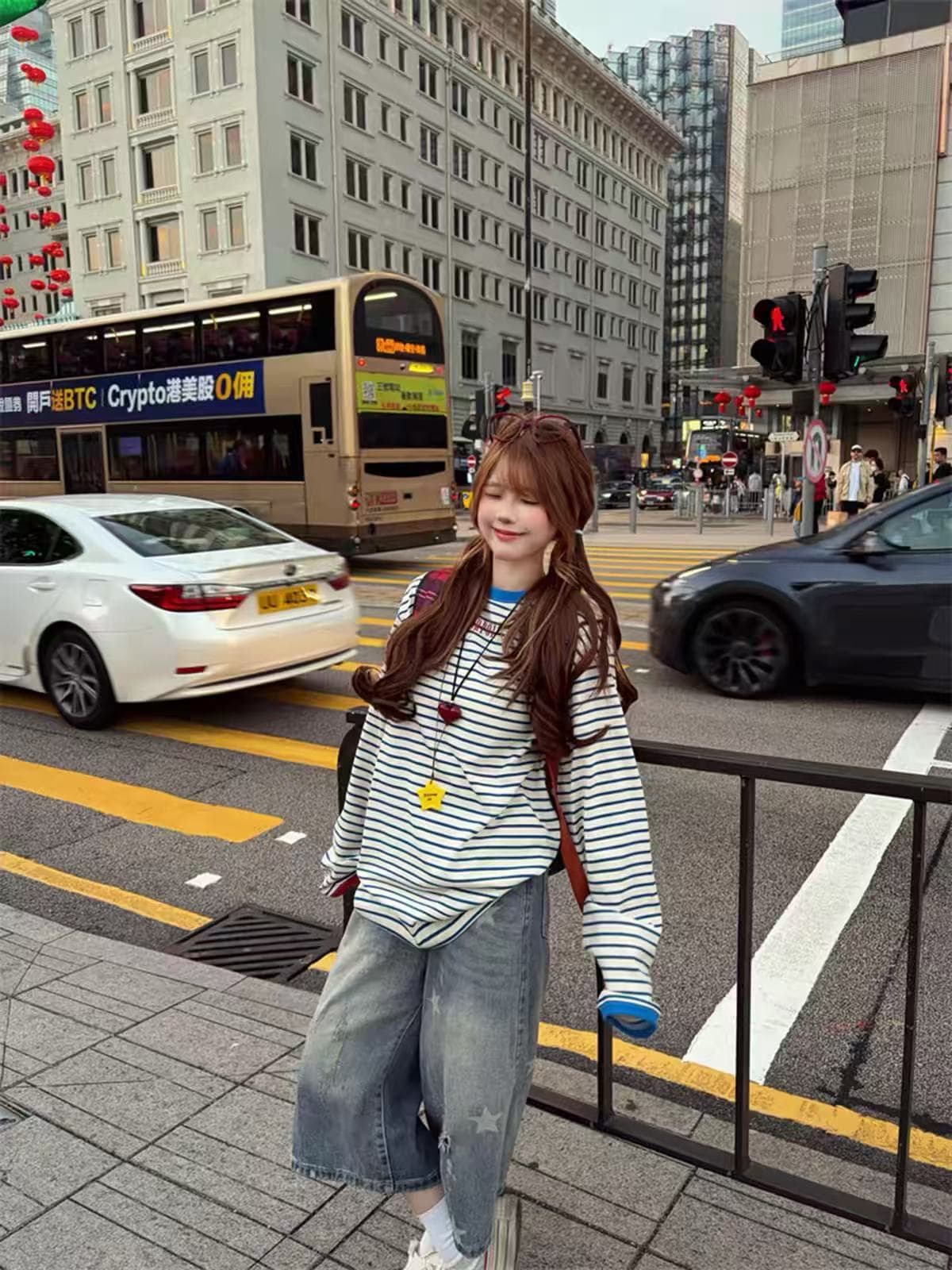 아메리칸 파란색 스트라이프 배색 반팔 티셔츠 여성 여름 루즈핏 맨위 이미지 2