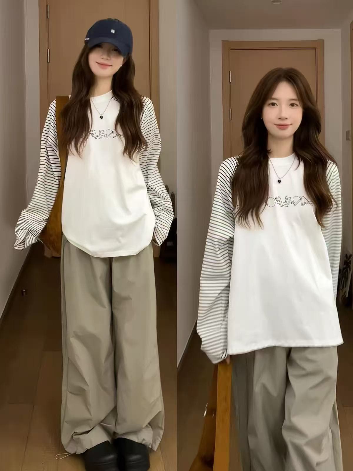 스트라이프 배색 삽입 어깨 긴팔 티셔츠 여성 루즈핏 단순한 관대 한 품격 맨위 상세 이미지 1