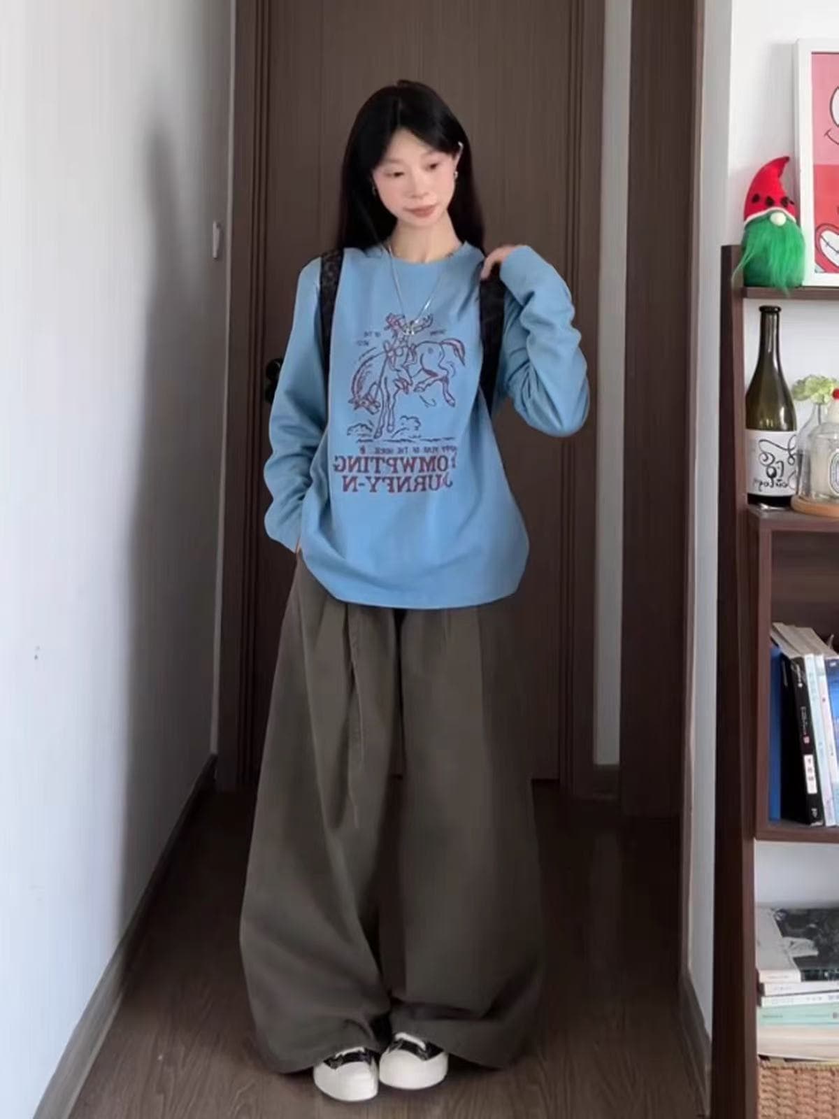아메리칸 레트로 긴팔 티셔츠 여성 루즈핏 캐주얼 프린트 다용도 만나는 맨위 이미지 2