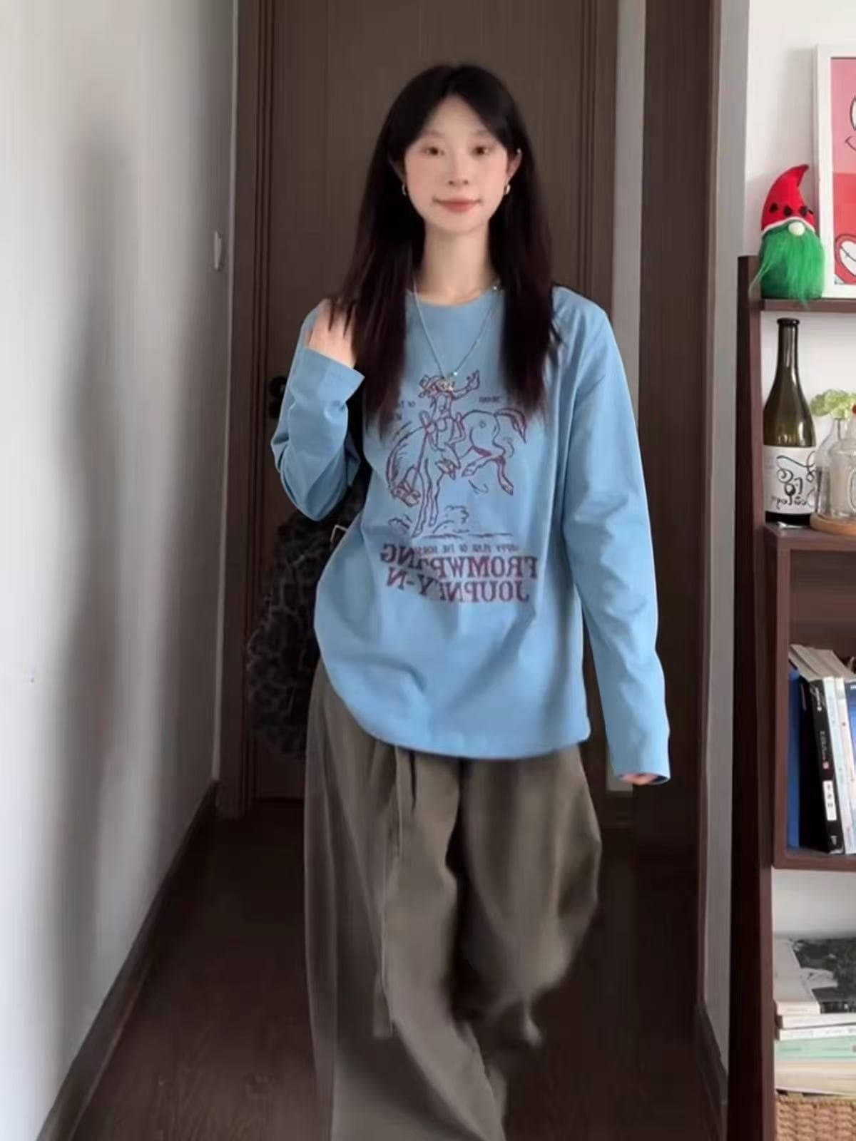 아메리칸 레트로 긴팔 티셔츠 여성 루즈핏 캐주얼 프린트 다용도 만나는 맨위 이미지 3