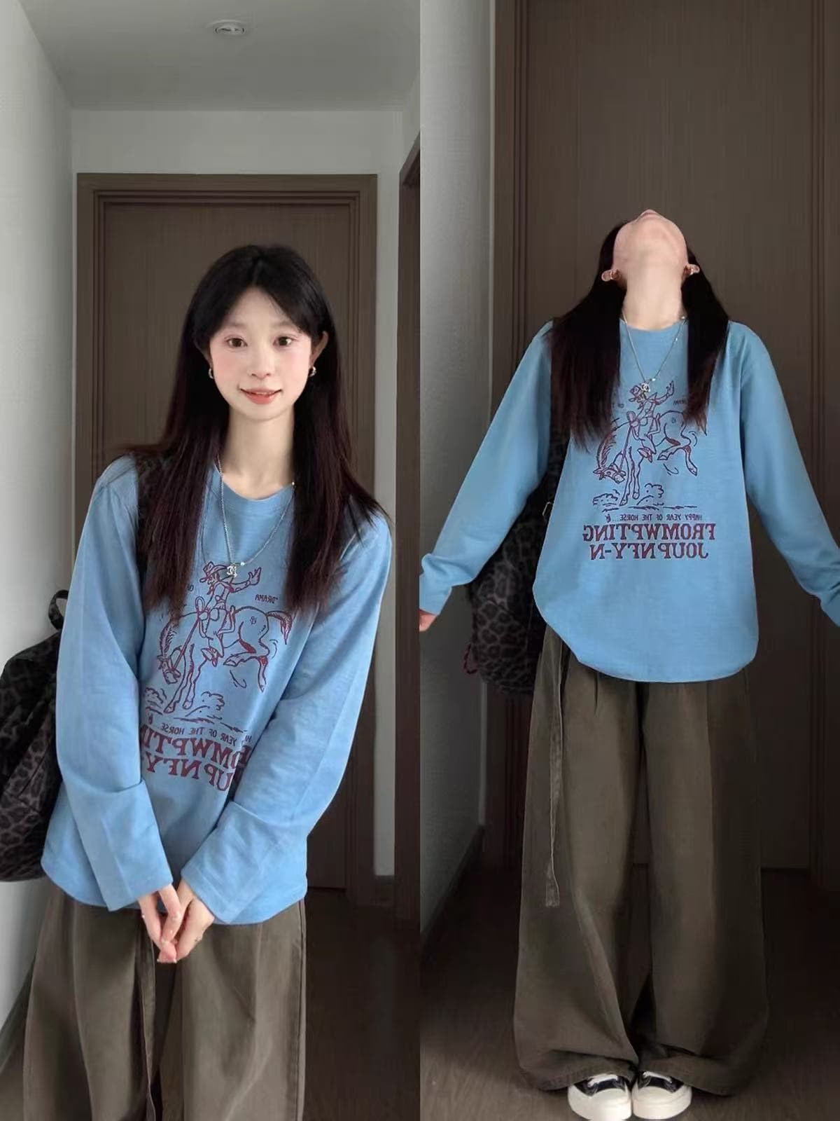 아메리칸 레트로 긴팔 티셔츠 여성 루즈핏 캐주얼 프린트 다용도 만나는 맨위 상세 이미지 1