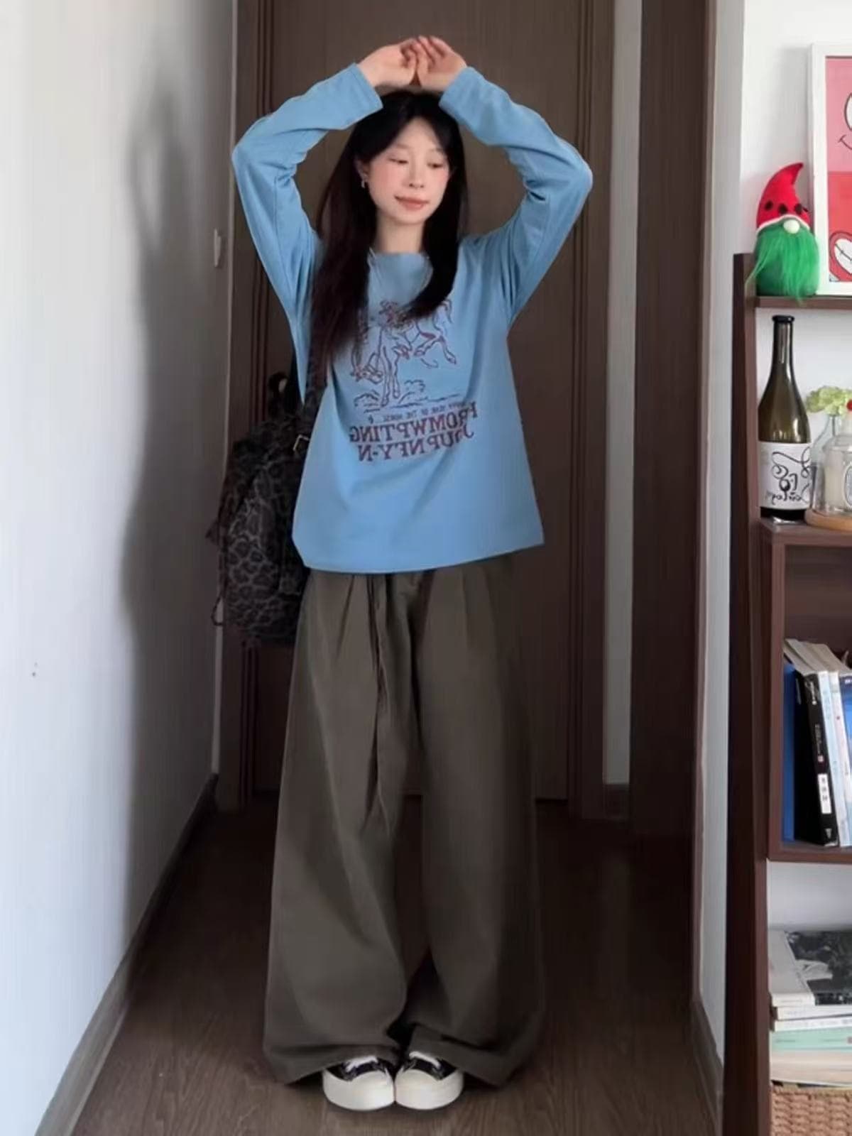 아메리칸 레트로 긴팔 티셔츠 여성 루즈핏 캐주얼 프린트 다용도 만나는 맨위 상세 이미지 3