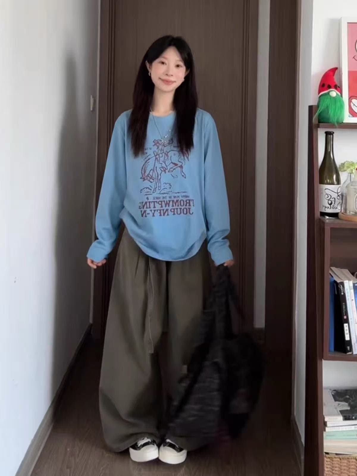 아메리칸 레트로 긴팔 티셔츠 여성 루즈핏 캐주얼 프린트 다용도 만나는 맨위 상세 이미지 4