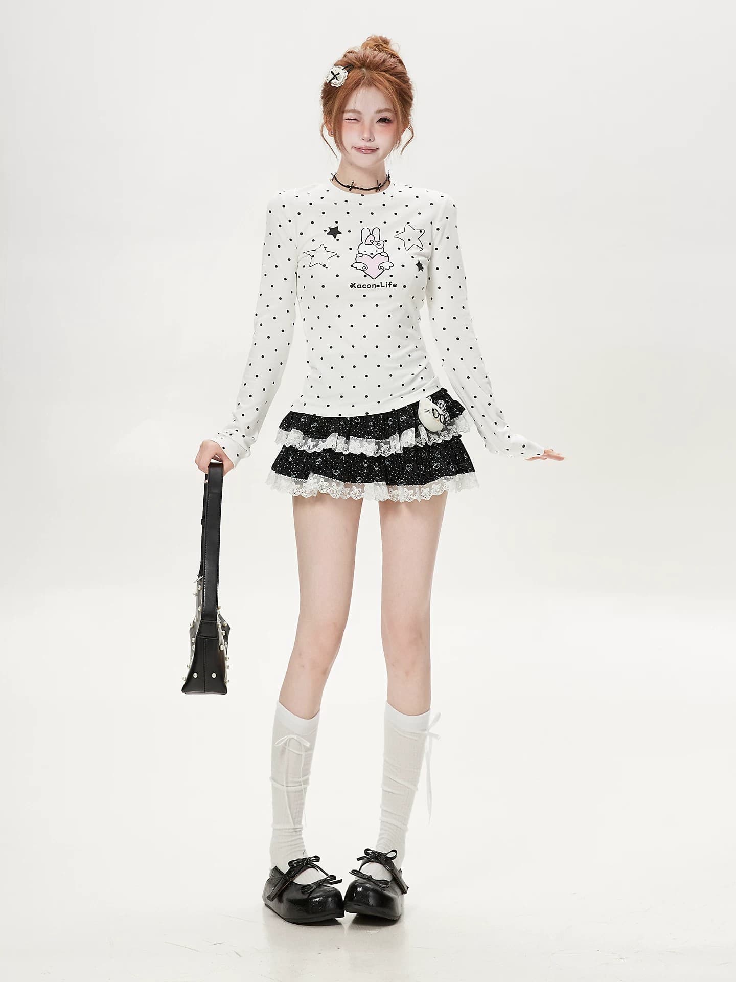 아메리칸 레트로 도트 무늬 만화 프린트 긴팔 티셔츠 여성 가을 핫걸 몸매 가꾸기 슬림해 보이는 고급 센스 Chic 맨위 이미지 3