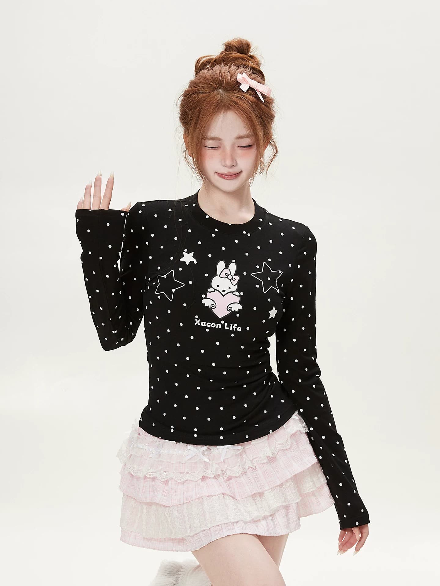 아메리칸 레트로 도트 무늬 만화 프린트 긴팔 티셔츠 여성 가을 핫걸 몸매 가꾸기 슬림해 보이는 고급 센스 Chic 맨위 상세 이미지 4