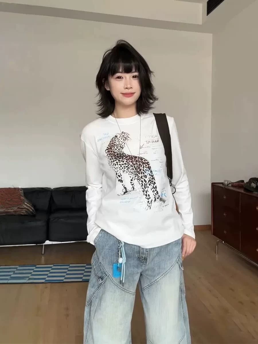 아메리칸 레트로 표범 프린트 긴팔 티셔츠 여성 가을 새로운 기본 셔츠 루즈핏 캐주얼 다용도 핫걸 맨위 이미지 4