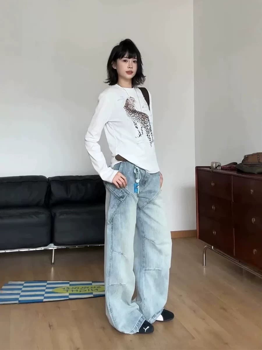 아메리칸 레트로 표범 프린트 긴팔 티셔츠 여성 가을 새로운 기본 셔츠 루즈핏 캐주얼 다용도 핫걸 맨위 이미지 2