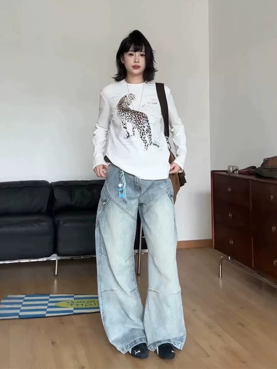 아메리칸 레트로 표범 프린트 긴팔 티셔츠 여성 가을 새로운 기본 셔츠 루즈핏 캐주얼 다용도 핫걸 맨위 상세 이미지 3