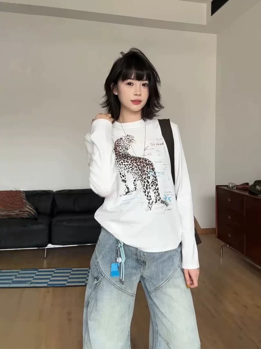 아메리칸 레트로 표범 프린트 긴팔 티셔츠 여성 가을 새로운 기본 셔츠 루즈핏 캐주얼 다용도 핫걸 맨위 상세 이미지 4