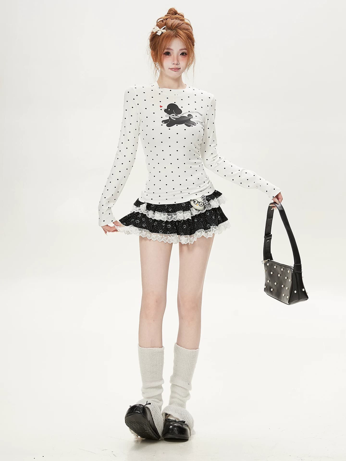 아메리칸 핫걸 도트 무늬 긴팔 티셔츠 여성 가을 몸매 가꾸기 슬림해 보이는 만화 프린트 기본 셔츠 맨위 상세 이미지 3