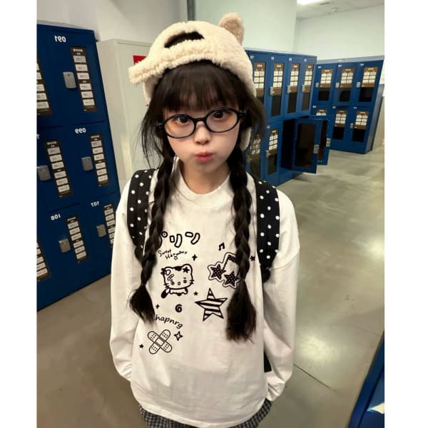 소녀 센스 만화 고양이 프린트 긴팔 티셔츠 여성 가을 기본 셔츠 루즈핏 순면 다용도 아시아 인 멩 센스 맨위