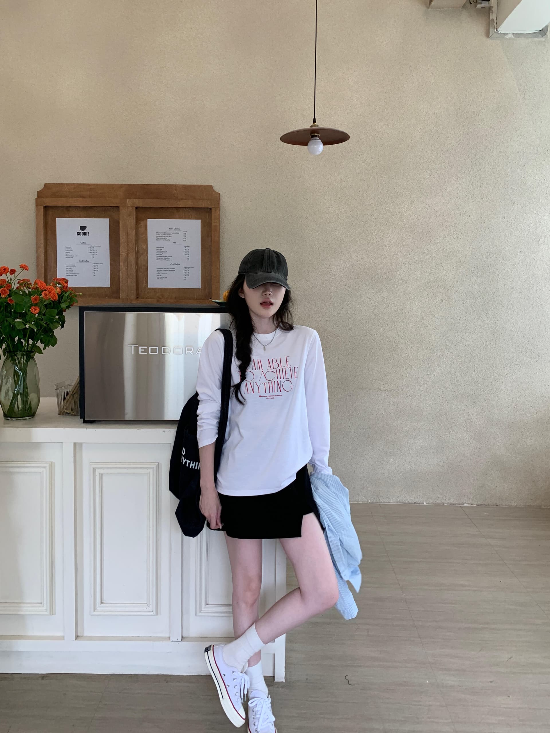 한 스타일 ins 알파벳 프린트 긴팔 티셔츠 여성 가을 캐주얼 다용도 화이트 루즈핏 맨위 상세 이미지 4