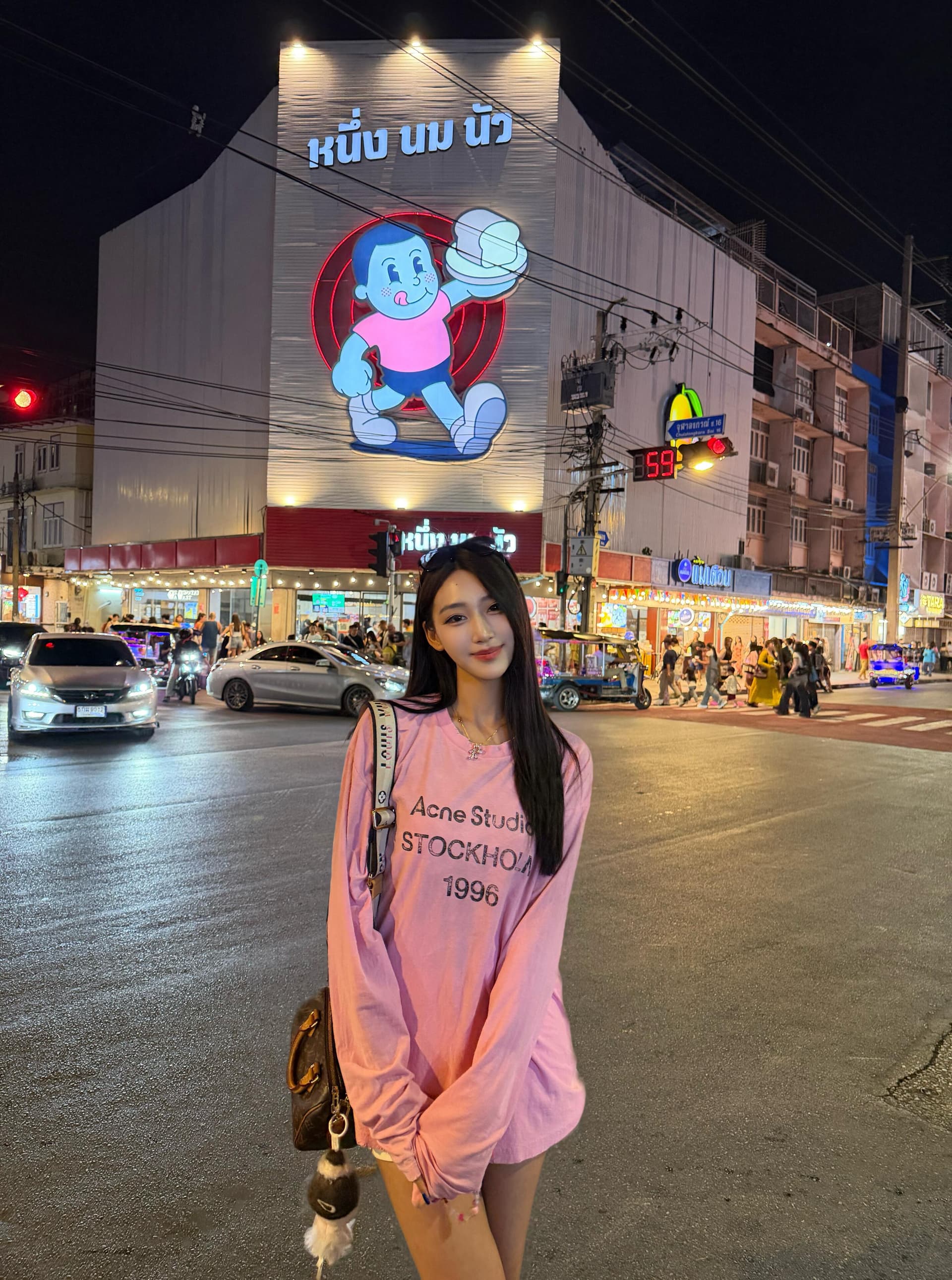 아메리칸 레트로 루즈핏 라운드 넥 긴팔 티셔츠 여성 프린트 봄 가을 핑크색 맨위 이미지 4