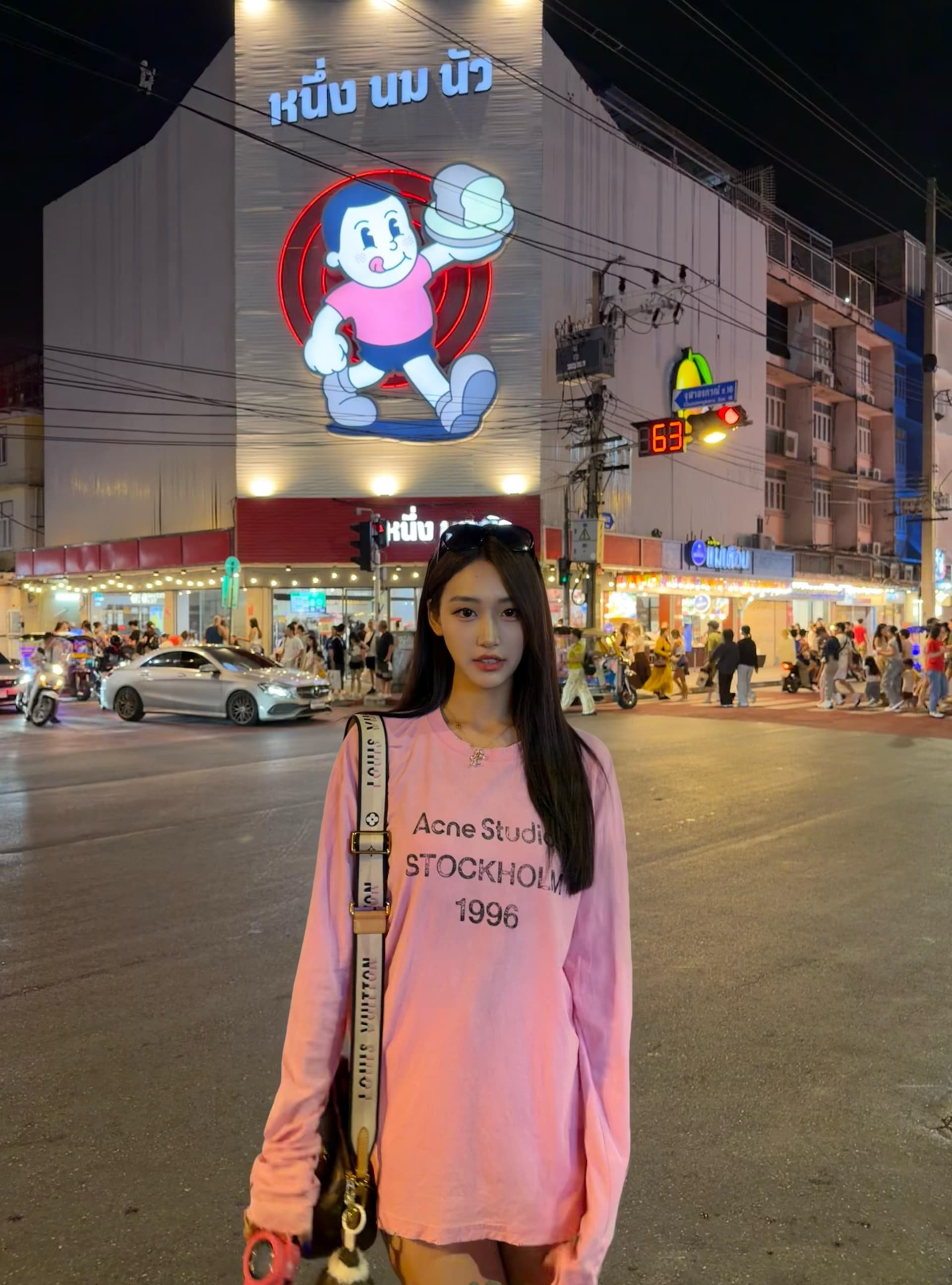 아메리칸 레트로 루즈핏 라운드 넥 긴팔 티셔츠 여성 프린트 봄 가을 핑크색 맨위 상세 이미지 2