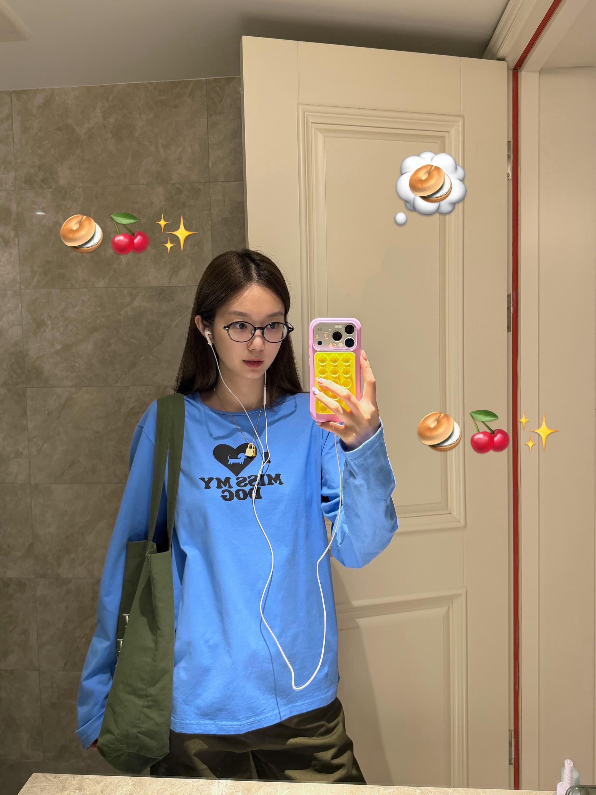 아메리칸 레트로 귀여운 고양이 슬로건 프린트 파란색 라운드 넥 긴팔 티셔츠 여성 봄 가을 루즈핏 캐주얼 맨위 상세 이미지 1