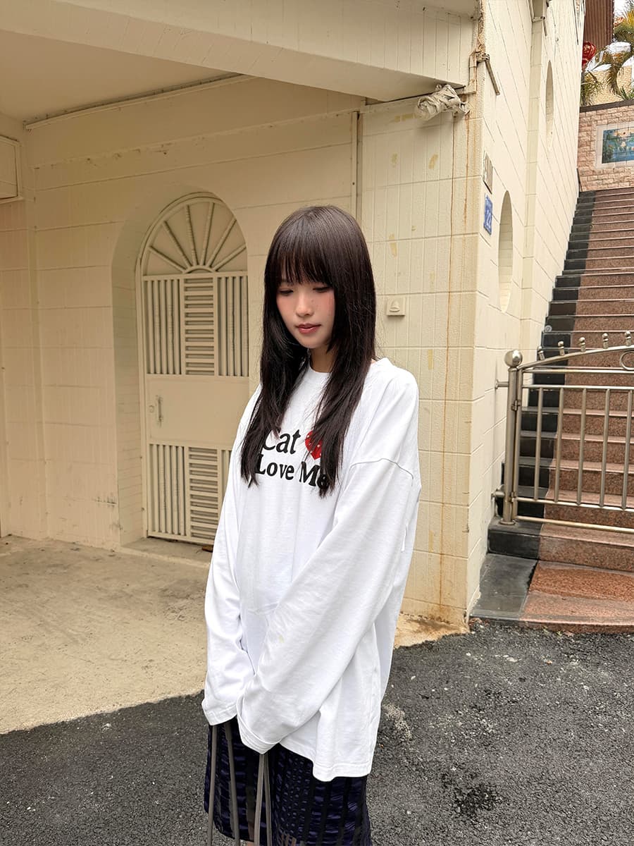 작은 대중 미니멀리즘 고양이 개 나를 사랑해. 프린트 느긋한 캐주얼 루즈핏 순면 편안함 긴팔 티셔츠 맨위 여성 이미지 2