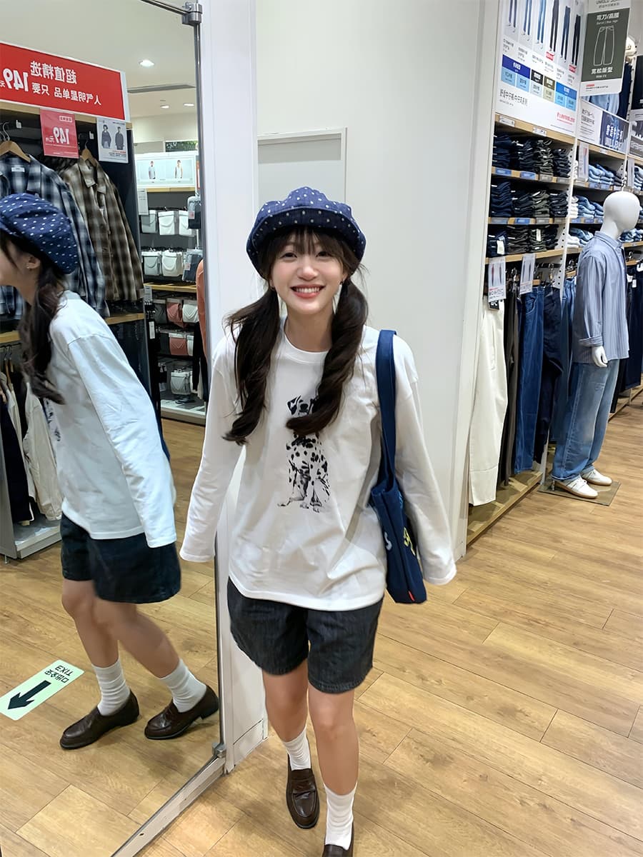 아메리칸 레트로 달마 시안 프린트 라운드 넥 긴팔 티셔츠 여성 이른 가을 화이트 루즈핏 다용도 만나는 무거운 맨위