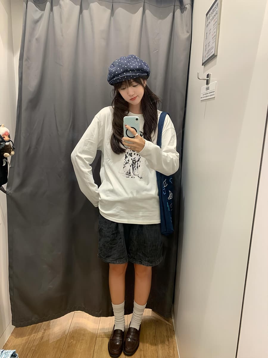 아메리칸 레트로 달마 시안 프린트 라운드 넥 긴팔 티셔츠 여성 이른 가을 화이트 루즈핏 다용도 만나는 무거운 맨위 이미지 3