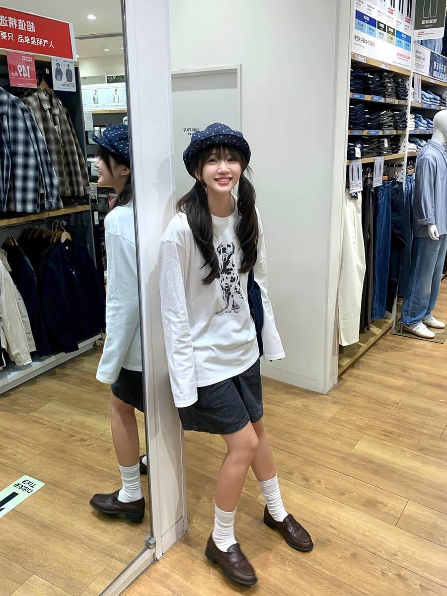 아메리칸 레트로 달마 시안 프린트 라운드 넥 긴팔 티셔츠 여성 이른 가을 화이트 루즈핏 다용도 만나는 무거운 맨위 상세 이미지 2