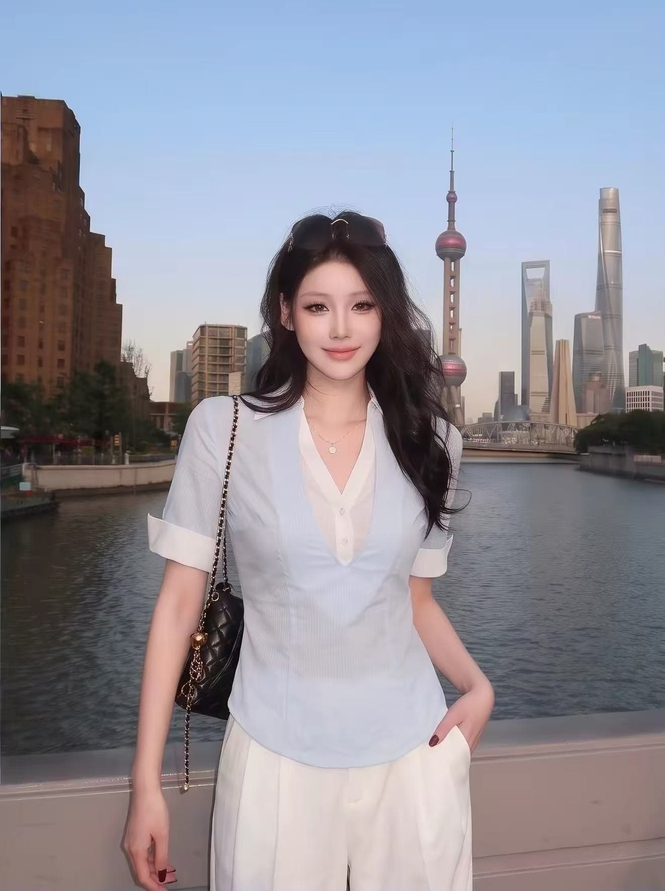 페이크 레이어드 V넥 긍정적 인 어깨 반팔 여성 셔츠 여름 몸매 가꾸기 짧은 반쪽 소매 꼬집기 허리 허리 수축 셔츠 맨위 이미지 4