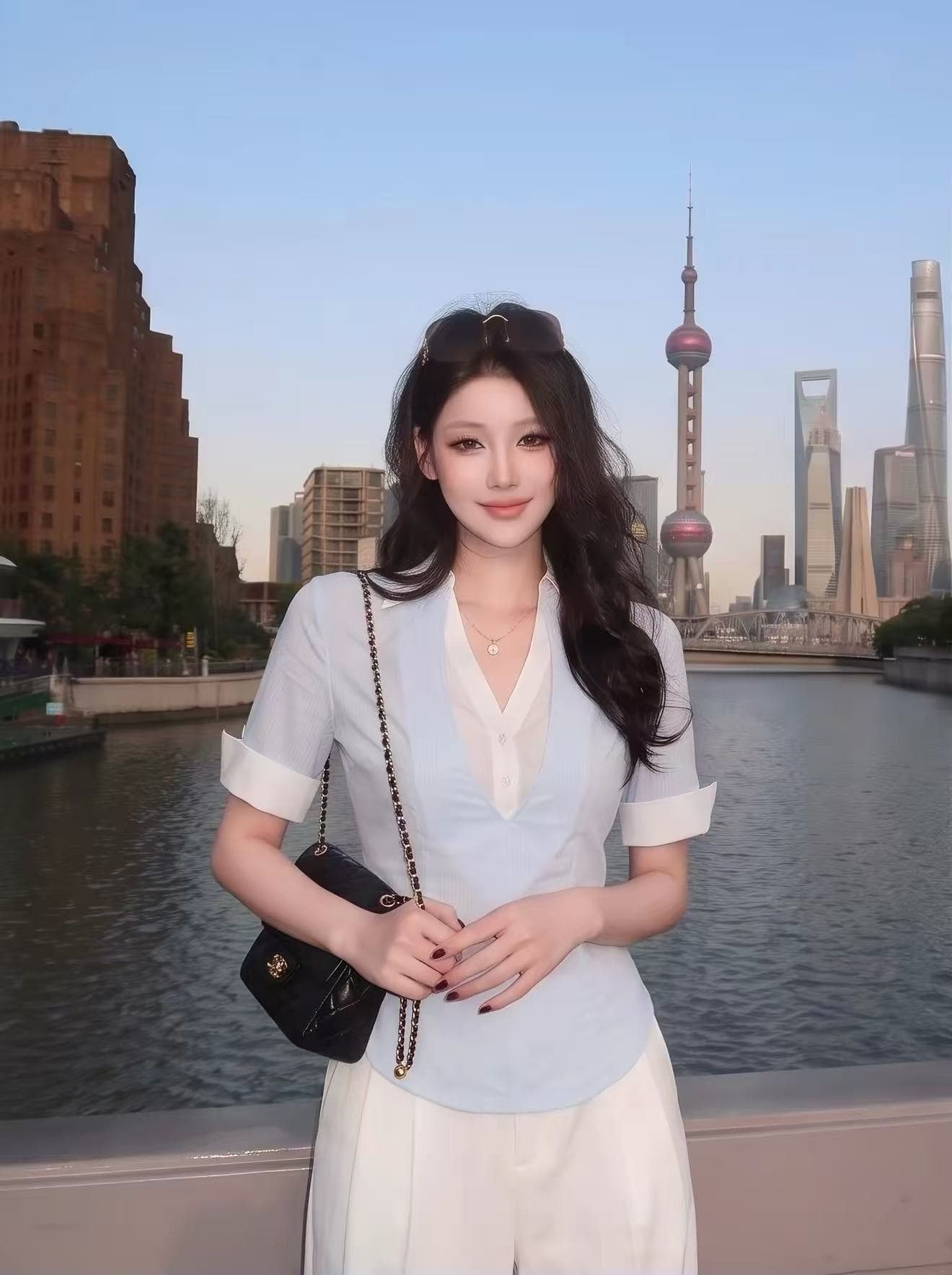 페이크 레이어드 V넥 긍정적 인 어깨 반팔 여성 셔츠 여름 몸매 가꾸기 짧은 반쪽 소매 꼬집기 허리 허리 수축 셔츠 맨위 상세 이미지 1