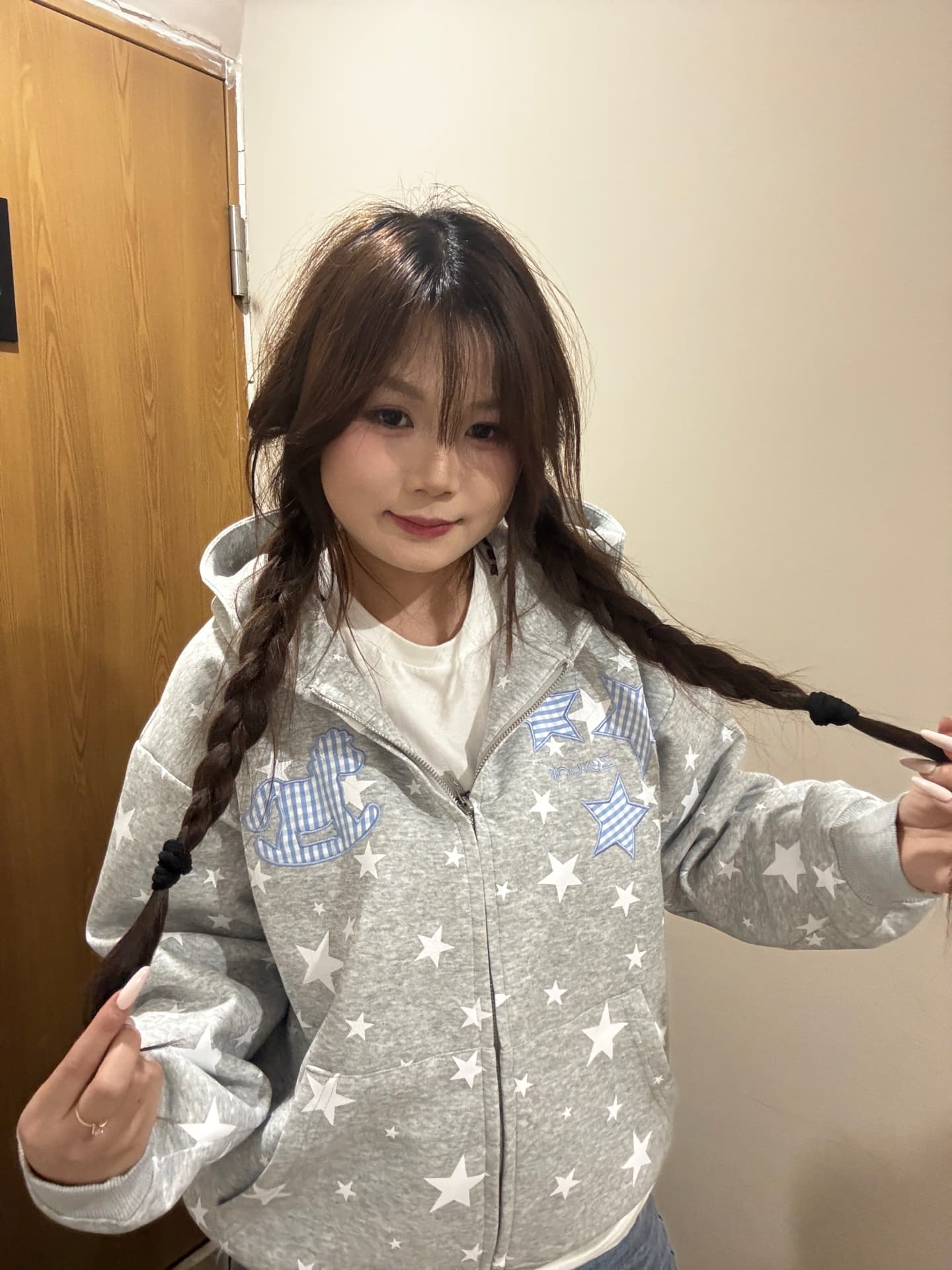 아메리칸 레트로 별 전체 인쇄 막대기 체크무늬 자수 루즈핏 다용도 커플 후드 지퍼 후드티 재킷 상세 이미지 2