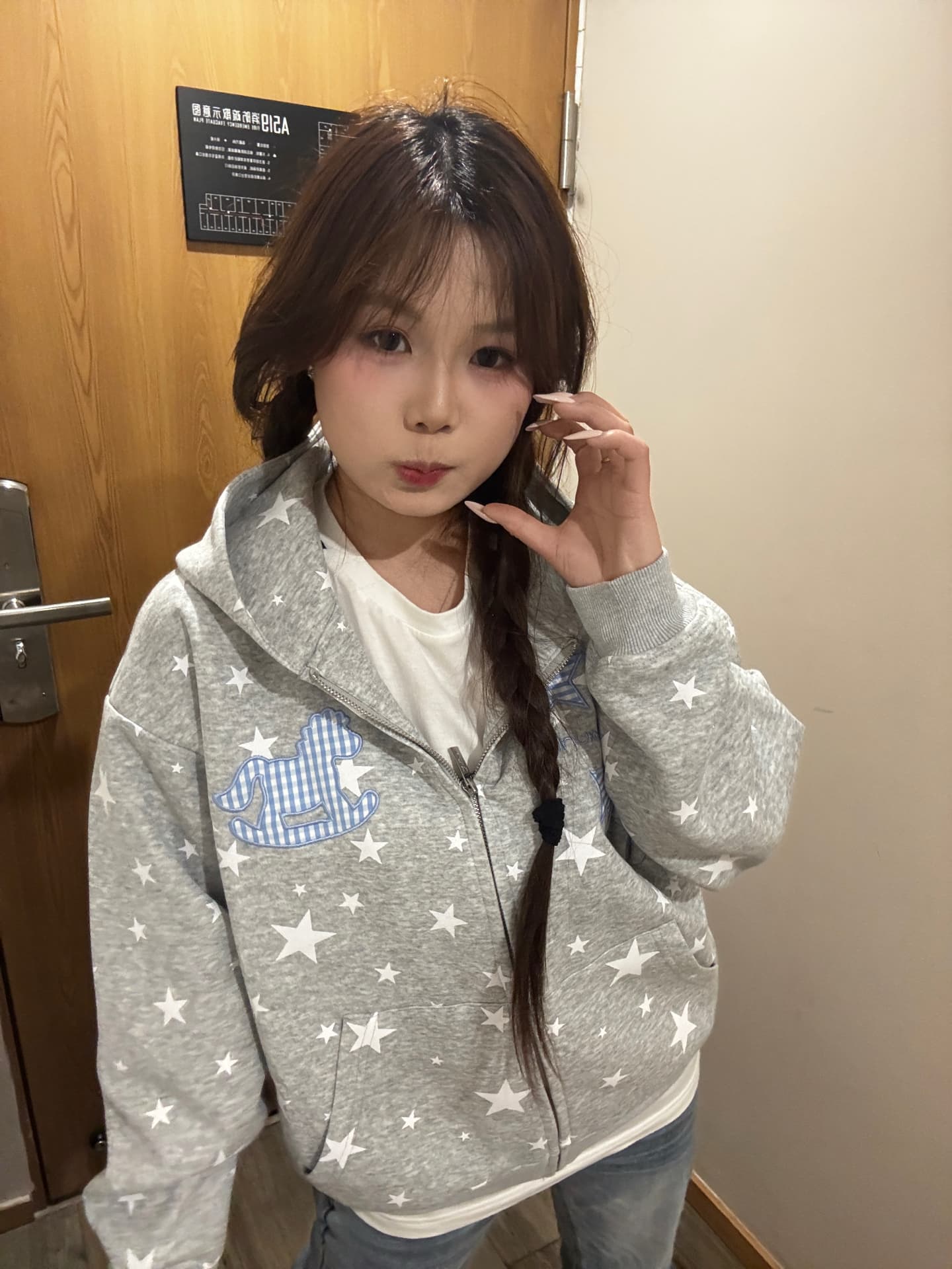 아메리칸 레트로 별 전체 인쇄 막대기 체크무늬 자수 루즈핏 다용도 커플 후드 지퍼 후드티 재킷 상세 이미지 3