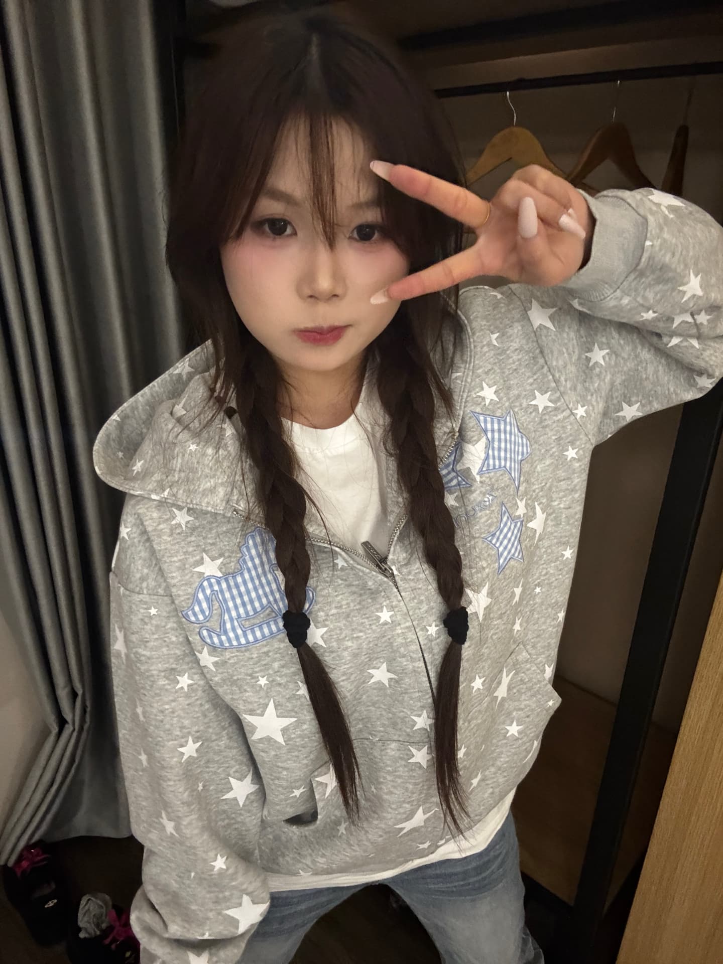 아메리칸 레트로 별 전체 인쇄 막대기 체크무늬 자수 루즈핏 다용도 커플 후드 지퍼 후드티 재킷 상세 이미지 4