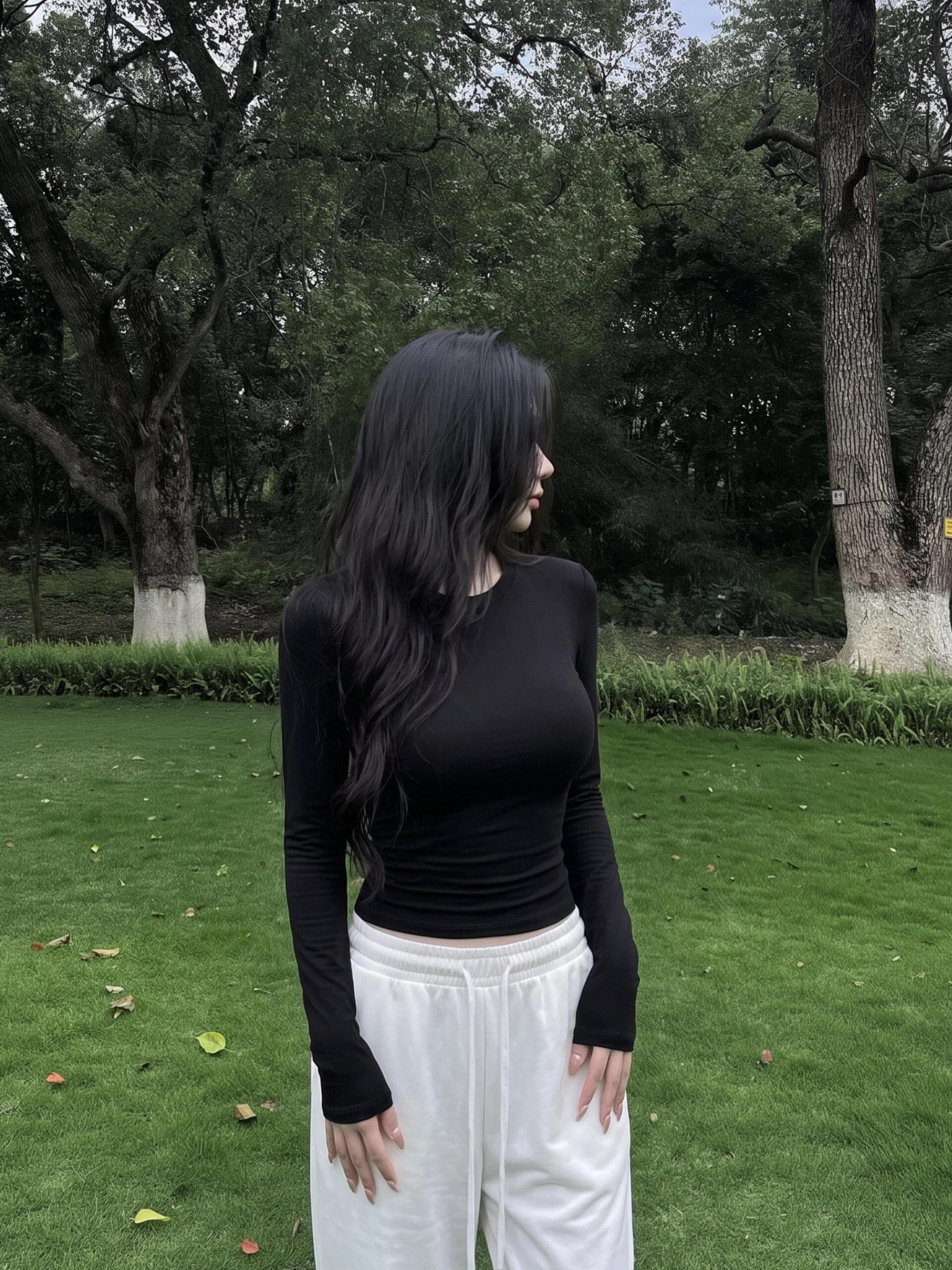 핫걸 꼬집기 허리 화이트 긍정적 인 어깨 긴팔 티셔츠 여성 가을 인사이드 가져 가라. 기본 셔츠 몸매 가꾸기 슬림해 보이는 타이트 라운드 넥 맨위 이미지 2