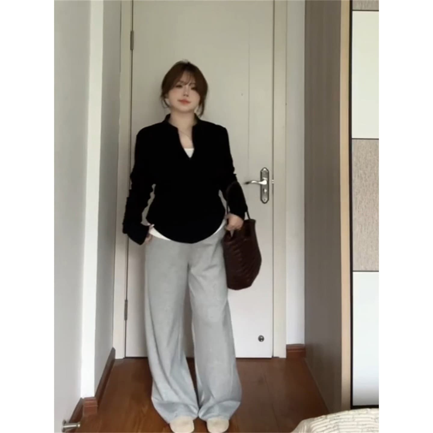 빅 사이즈 고급 센스 검정색 스탠드 칼라 긴팔 짧은 여성 코트 가을 지방 mm 몸매 가꾸기 꼬집기 허리 슬림해 보이는 아름다운 자켓 상세 이미지 2