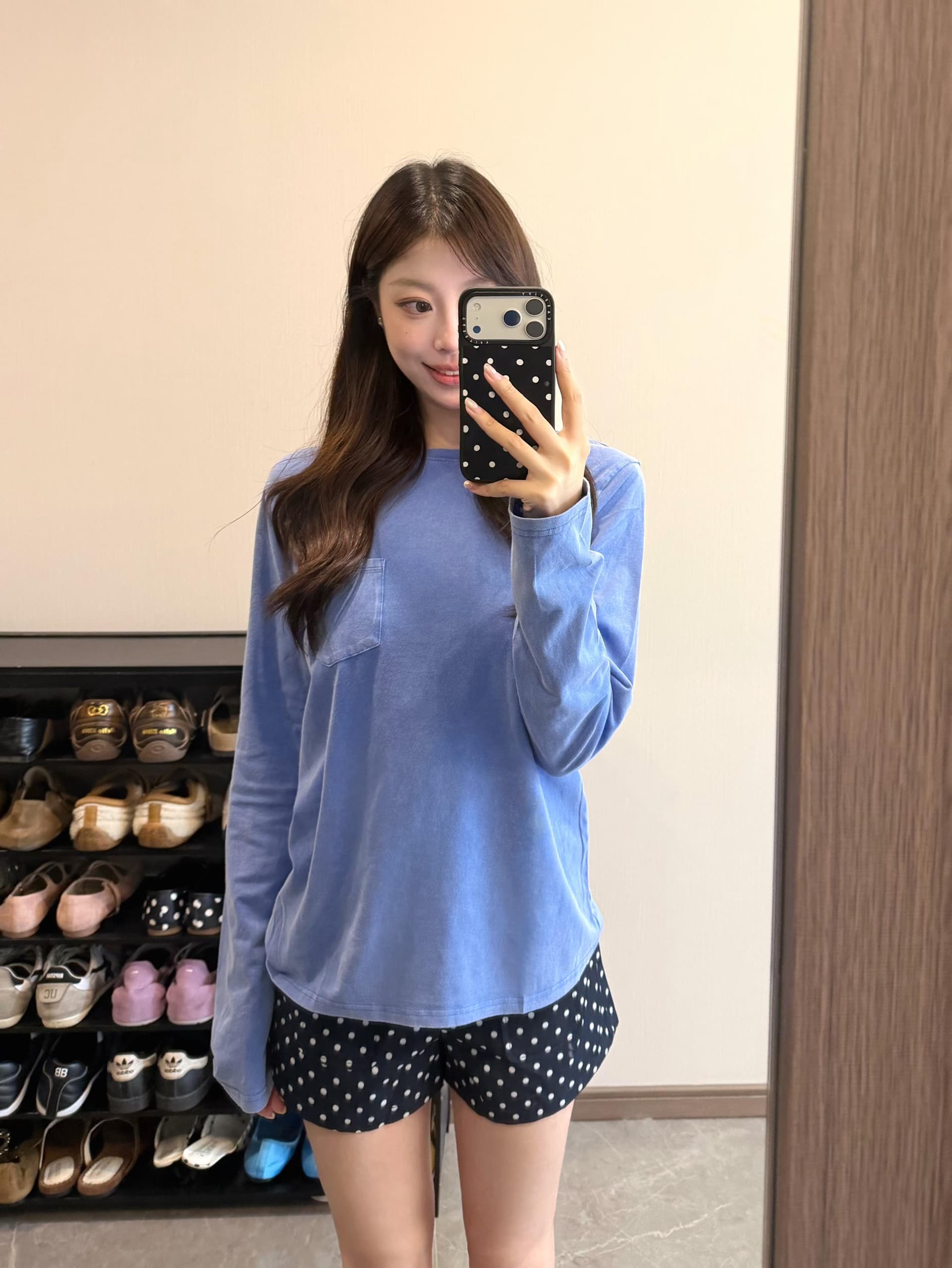 아메리칸 레트로 워시 물 파란색 긴팔 티셔츠 여성 가을 루즈핏 느긋한 바람 작은 대중 다용도 캐주얼 만나는 맨위 이미지 3