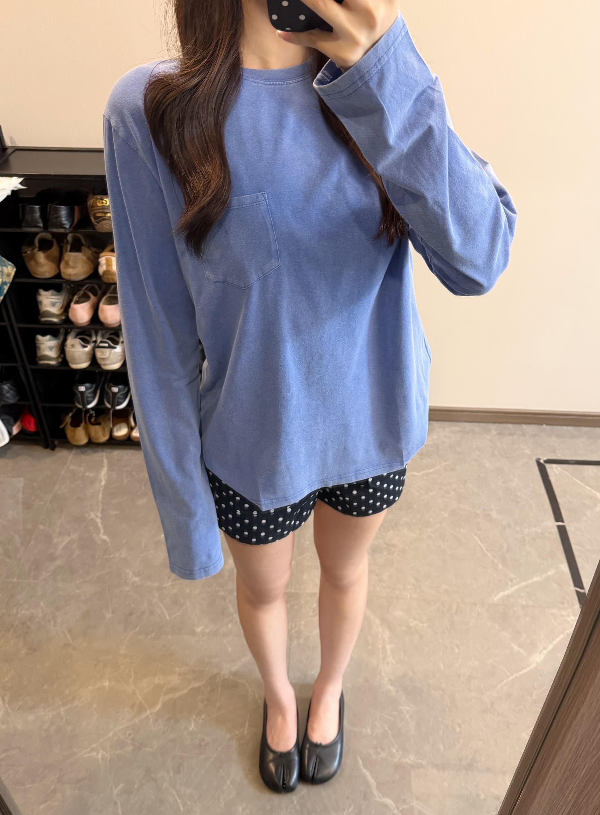 아메리칸 레트로 워시 물 파란색 긴팔 티셔츠 여성 가을 루즈핏 느긋한 바람 작은 대중 다용도 캐주얼 만나는 맨위 이미지 4