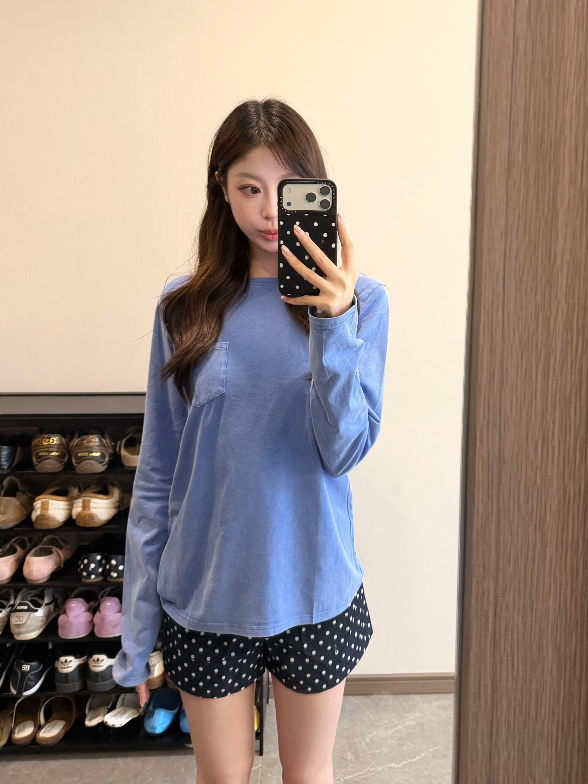 아메리칸 레트로 워시 물 파란색 긴팔 티셔츠 여성 가을 루즈핏 느긋한 바람 작은 대중 다용도 캐주얼 만나는 맨위 상세 이미지 2
