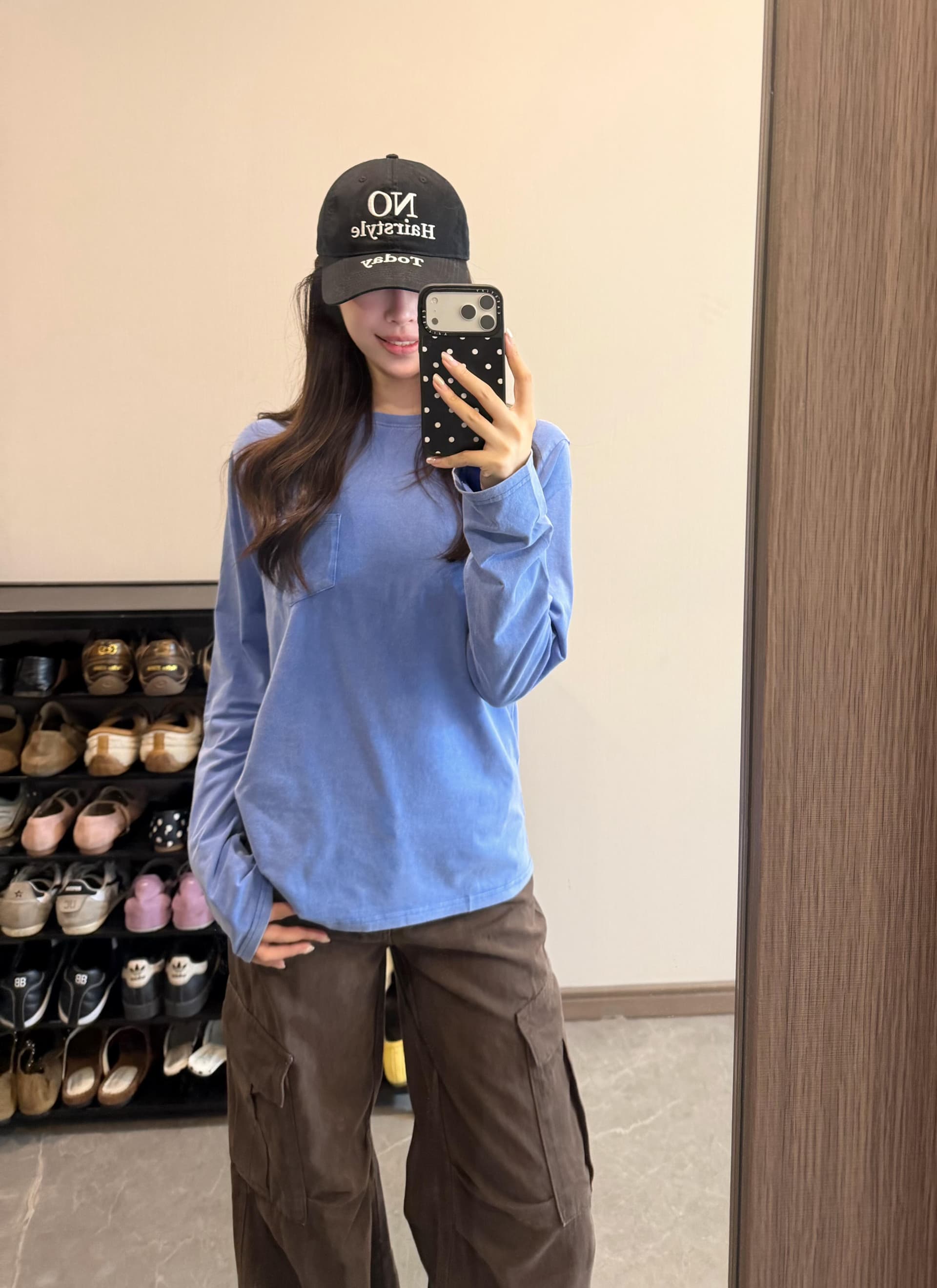 아메리칸 레트로 워시 물 파란색 긴팔 티셔츠 여성 가을 루즈핏 느긋한 바람 작은 대중 다용도 캐주얼 만나는 맨위 상세 이미지 3