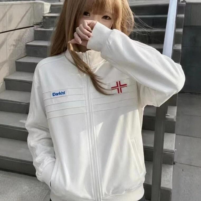 2026 이른 가을 새로운 스탠드 칼라 주름 자수 후드티 여성 코트 느긋한 바람 커플 루즈핏 조수 브랜드 재킷 오픈 가디건 이미지 2