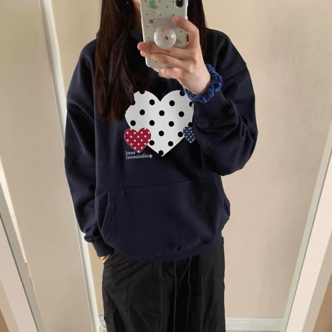 아메리칸 거리 알파벳 도트 무늬 무거운 후드 티 스웨터 여성 가을 겨울 한 부서 느긋한 바람 루즈핏 긴팔 모자 셔츠 맨위 이미지 5