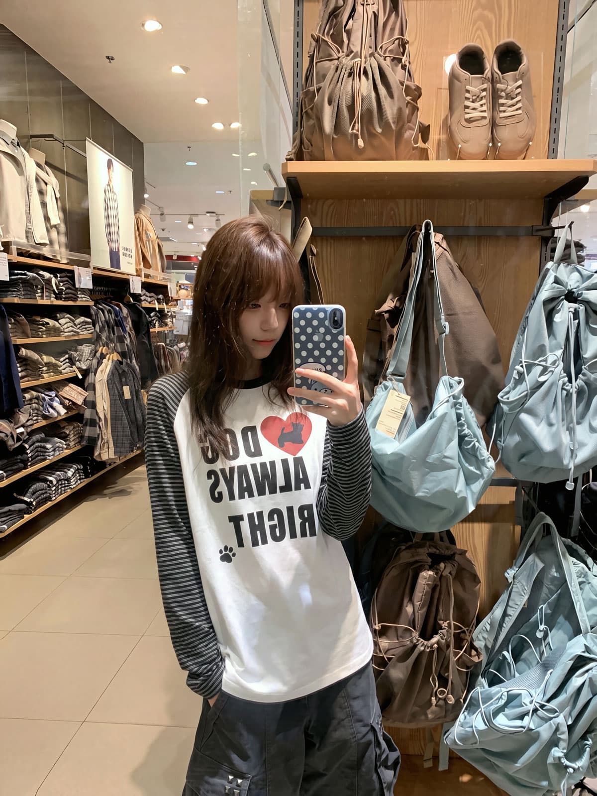 한 부서 레트로 학원 스타일 프린트 강아지 스트라이프 삽입 어깨 긴팔 티셔츠 여성 가을 루즈핏 패치워크 느긋한 맨위