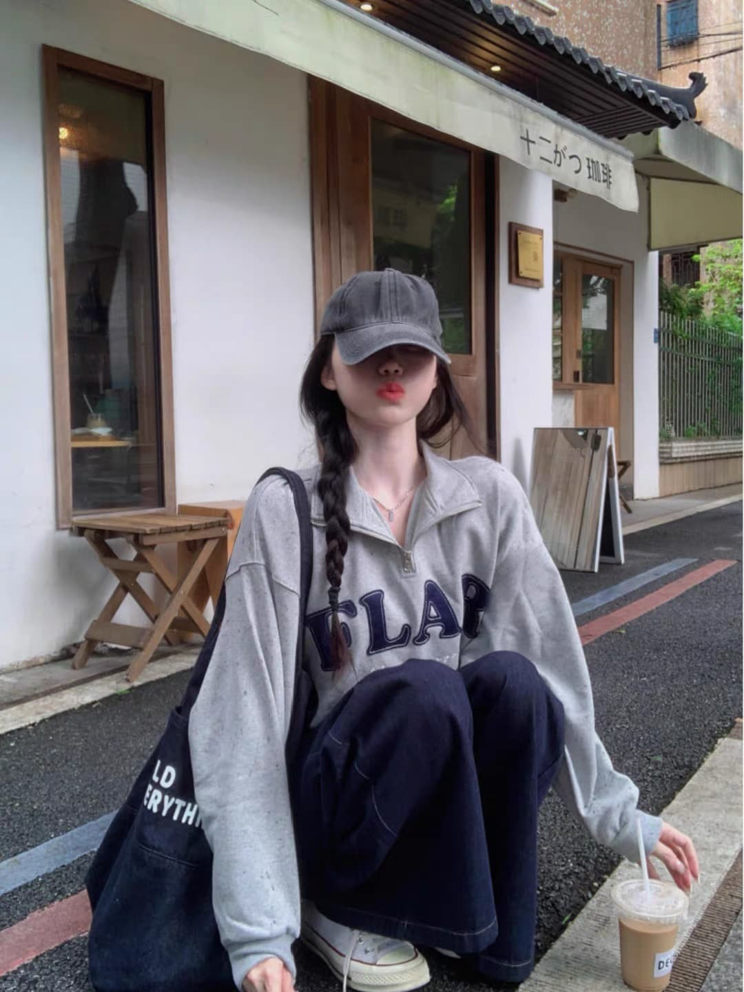 아메리칸 레트로 POLO 칼라 후드티 여성 봄 가을 얇은 스타일 루즈핏 디자인 센스 작은 대중 회색 하프 지퍼 스탠드 칼라 맨위 이미지 3