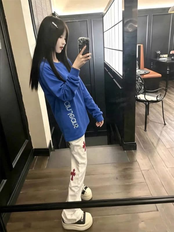 국가 조수 브랜드 아메리칸 톰 글 래 원인 블루 알파벳 긴팔 티셔츠 남녀 이른 가을 루즈핏 슬림해 보이는 작은 대중 커플 맨위 ins