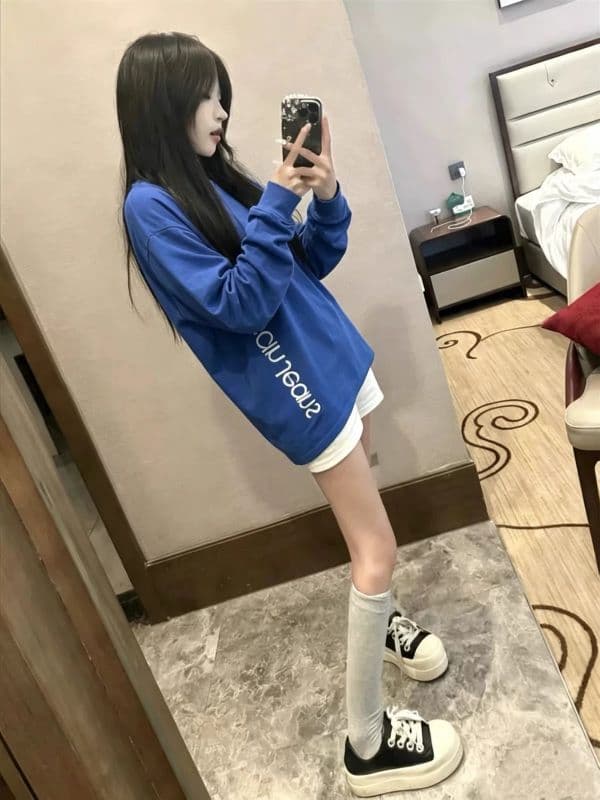 국가 조수 브랜드 아메리칸 톰 글 래 원인 블루 알파벳 긴팔 티셔츠 남녀 이른 가을 루즈핏 슬림해 보이는 작은 대중 커플 맨위 ins 상세 이미지 2