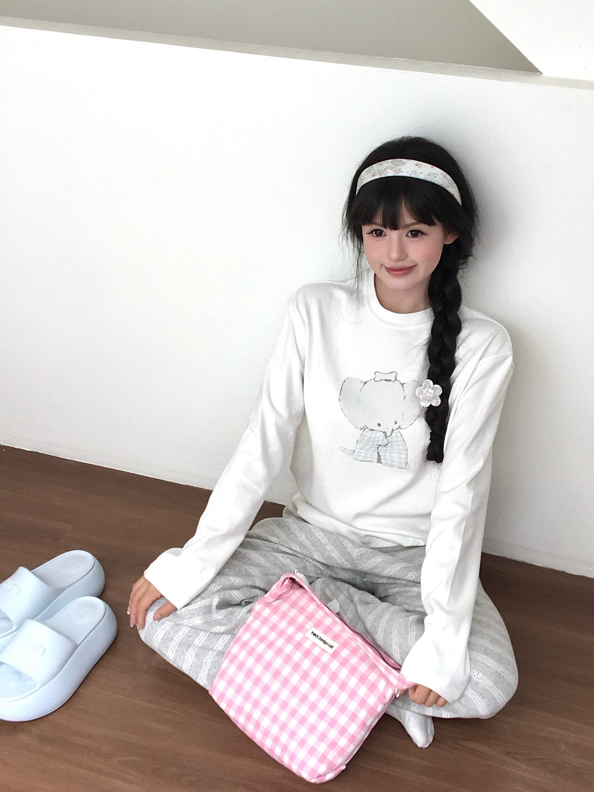 작은 대중 한국 ins 블루 그리드 아기 코끼리 순면 라운드 넥 긴팔 티셔츠 여성 품격 루즈핏 캐주얼 연령 감소 귀여운 맨위