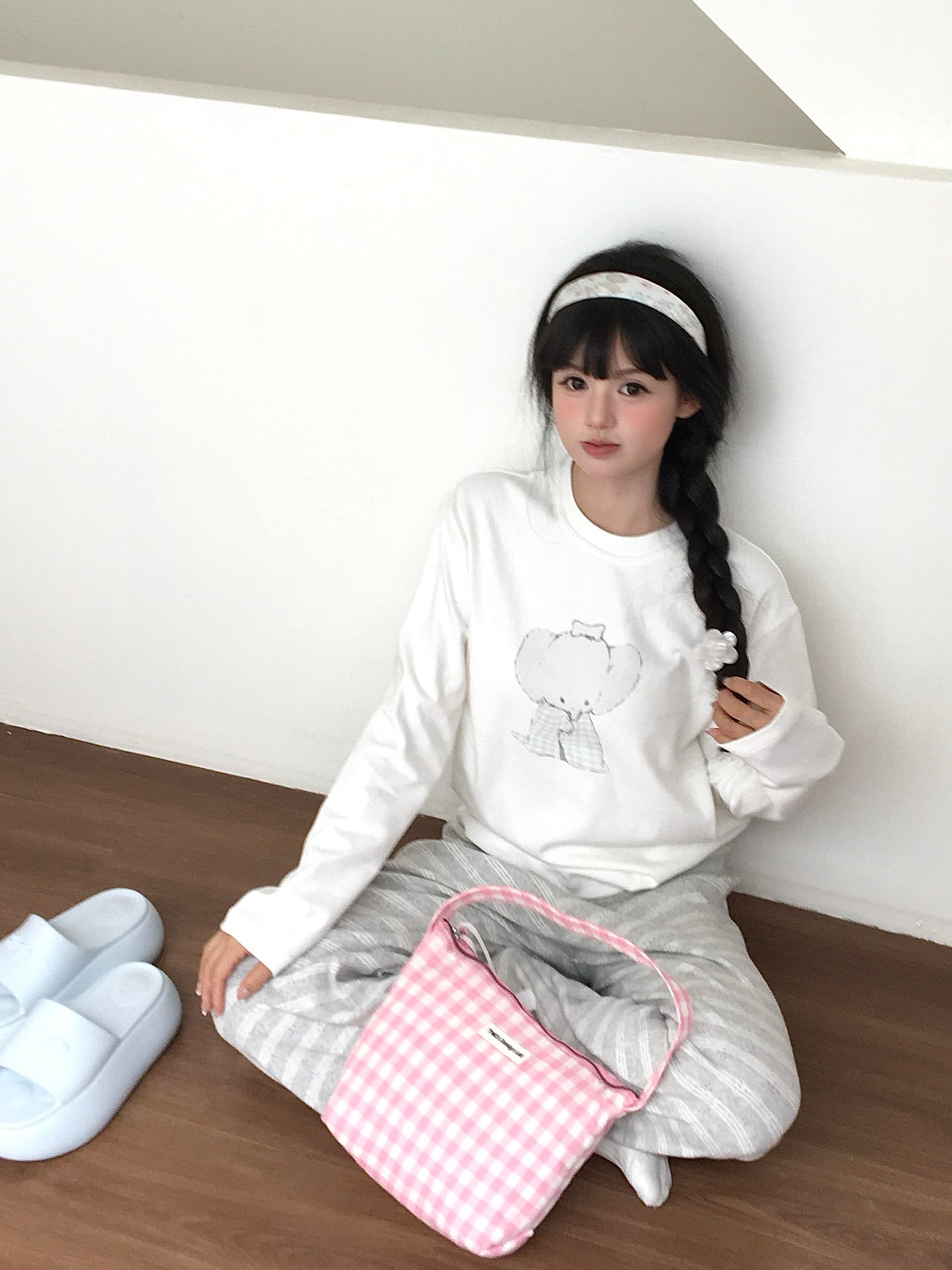 작은 대중 한국 ins 블루 그리드 아기 코끼리 순면 라운드 넥 긴팔 티셔츠 여성 품격 루즈핏 캐주얼 연령 감소 귀여운 맨위 이미지 2