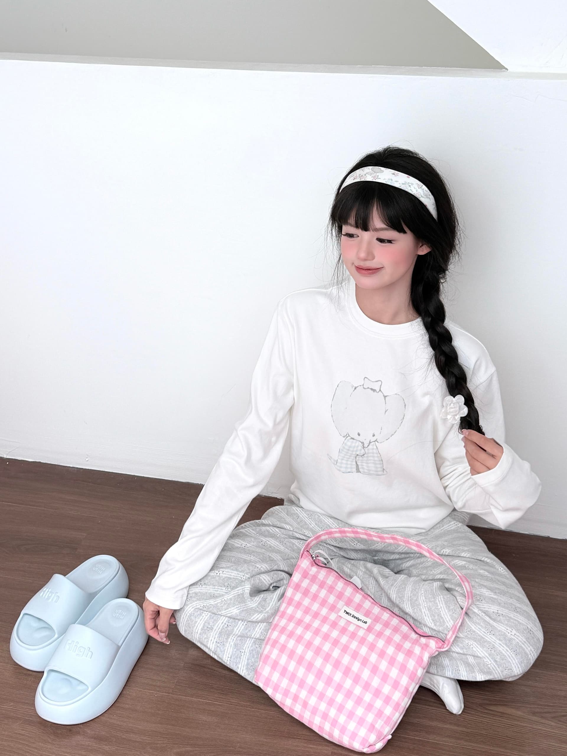 작은 대중 한국 ins 블루 그리드 아기 코끼리 순면 라운드 넥 긴팔 티셔츠 여성 품격 루즈핏 캐주얼 연령 감소 귀여운 맨위 이미지 3