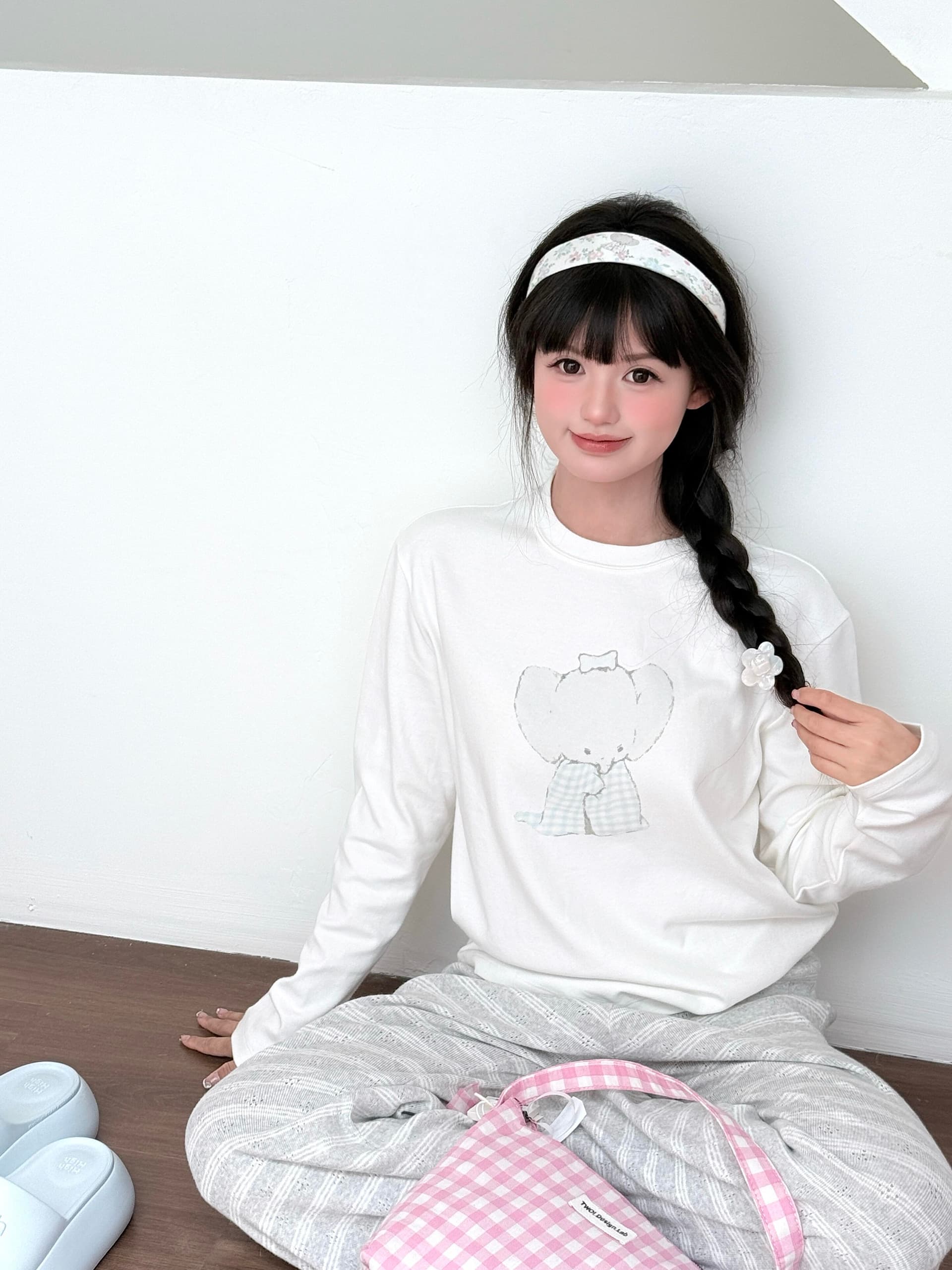 작은 대중 한국 ins 블루 그리드 아기 코끼리 순면 라운드 넥 긴팔 티셔츠 여성 품격 루즈핏 캐주얼 연령 감소 귀여운 맨위 상세 이미지 4