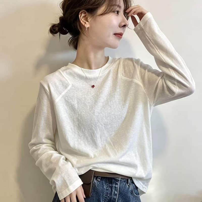 화이트 긴팔 티셔츠 여성 2026 새로운 삽입 어깨 소매 슬림해 보이는 표지 고기 캐주얼 바람 Chic 맨위 이미지 2