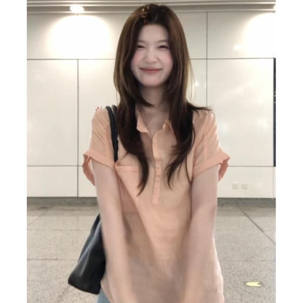 하프 열기 볼륨 측면 허리 수축 반팔 여성 셔츠 새로운 Chic 캐주얼 슬림해 보이는 헨리 칼라 맨위