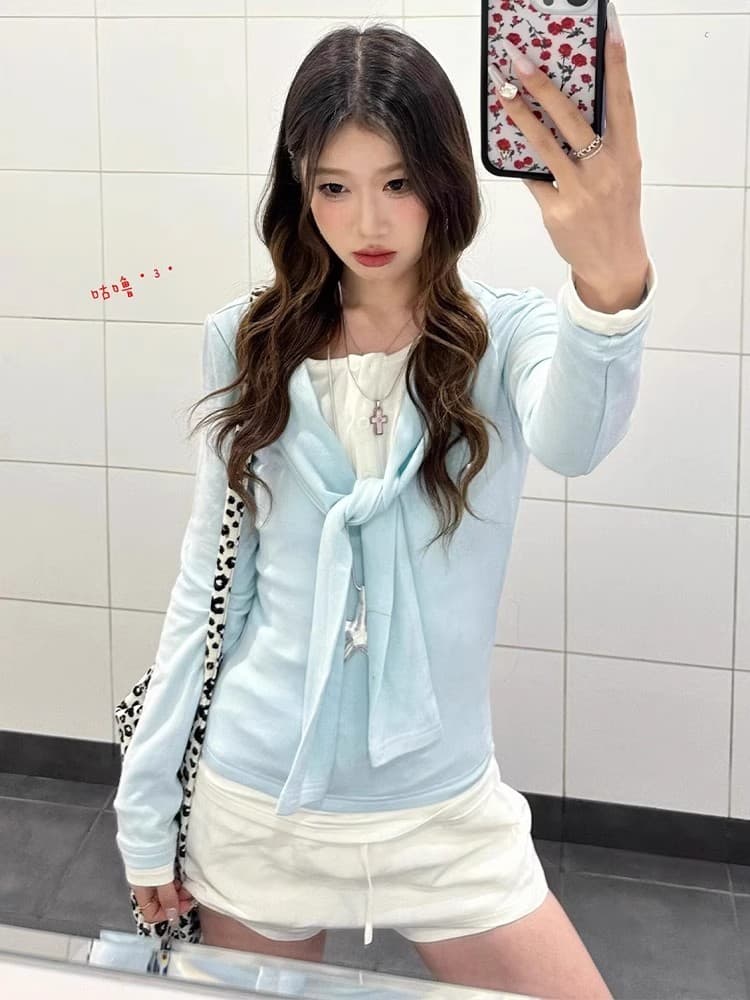 한 부서 파란색 스트랩 페이크 레이어드 긴팔 티셔츠 여성 가을 2026 새로운 몸매 가꾸기 슬림해 보이는 고유 한 Chic 맨위 이미지 3