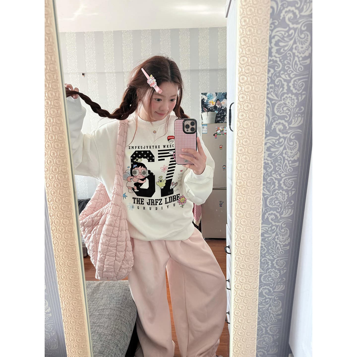 무거운 라운드 넥 후드티 여성 2026 새로운 봄 가을 얇은 스타일 oversize 루즈핏 다용도 느긋한 바람 없음 모자 의류 상세 이미지 1